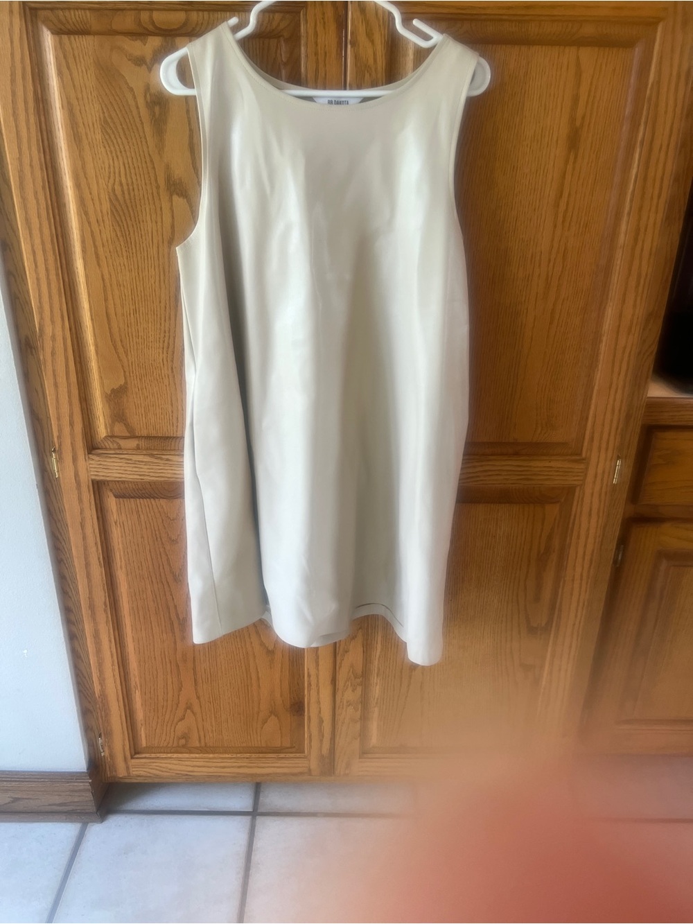 Sleeveless Faux-Leather Shift Dress in Light Cream